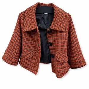 Trac Orange & Black Textured Checkered Cropped Blazer Jacket
